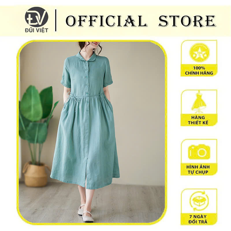 Đầm váy nữ thiết kế dáng suông có thắt eo chất liệu linen dễ mặc mẫu mới