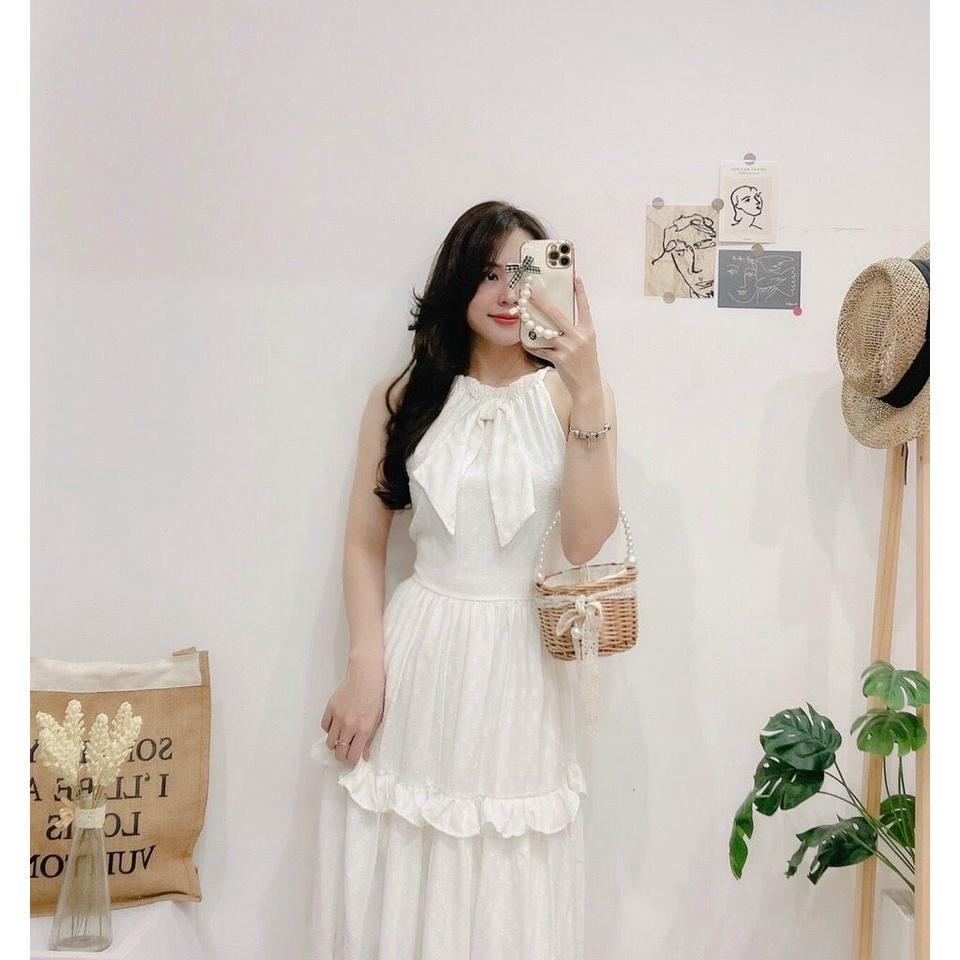 Đầm Cổ Yếm Bèo Tầng Cột Nơ Cổ