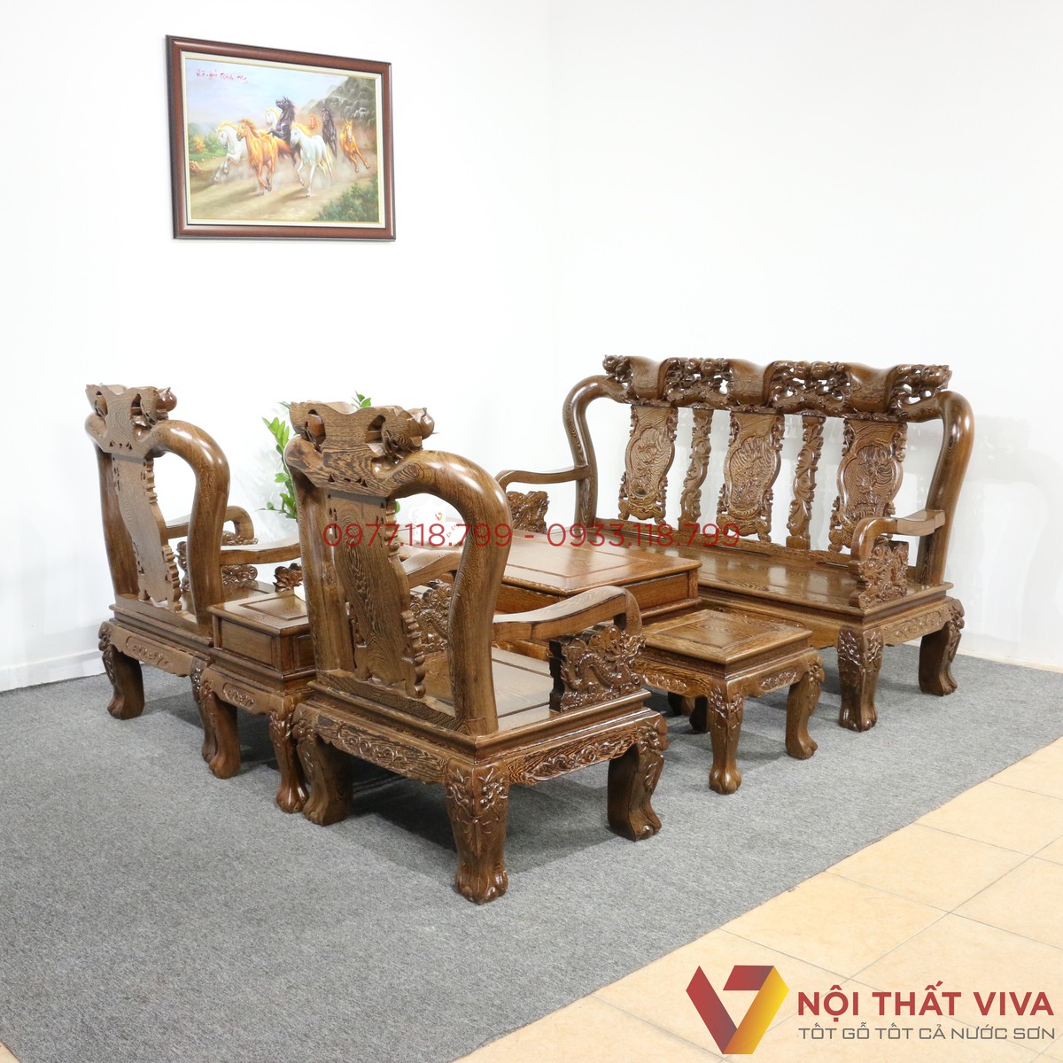 Bộ Bàn Ghế Salon Gỗ Mun Chạm Đào Tay 10 6 Món
