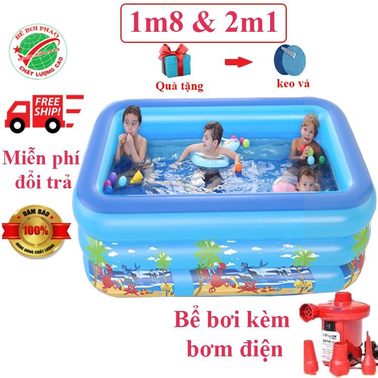 Bể bơi phao cho bé kích 1m8 và 2m1 - 3 Tầng, bể bơi bơm hơi có đáy chống trơn, tặng kèm bộ keo vá