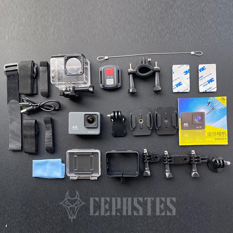Camera hành động Cerastes 4K60fps với điều khiển từ xa WiFi, ổn định hình ảnh điện tử, phù hợp cho các môn thể thao lặn và ngoài trời.