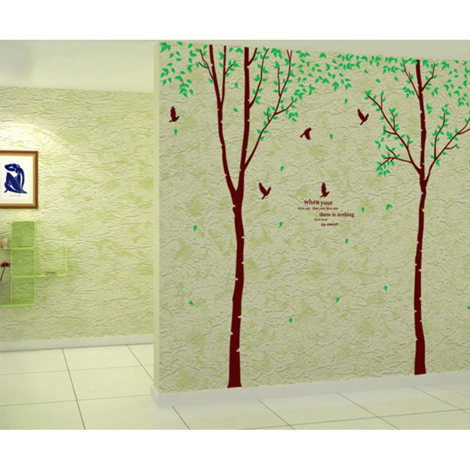 Decal trang trí tường - 2 Cây mỏng lá xanh nhí Chim Đen size lớn
