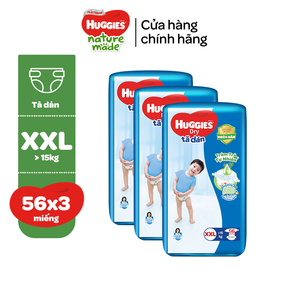 [Tặng 18 miếng cho size M và L] Combo 3 Tã/bỉm dán tràm trà tự nhiên Huggies Dry Super Jumbo M76/L68/XL62/XXL56