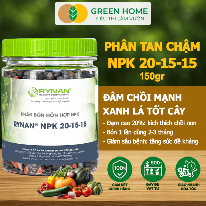 Phân Tan Chậm GreenHome, Rynan NPK 20-15-15, Hũ 150gr,Dùng Cho Loại Cây Họ Leo Bầu Bí, Mướp, Dưa Leo