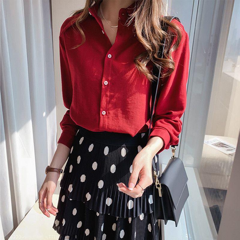 Áo sơ mi nữ tay dài màu trơn phong cách vintage