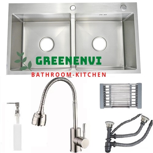 Combo chậu rửa chén bát inox GREENENVI kích thước 78x43 hai hố lệch, vòi rửa bát inox nóng lạnh Lò xo, rá inox, bình xà phòng, bộ xả chậu