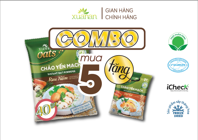 Combo 6 Gói Cháo Yến Mạch Rau Nấm Xuân An 40G [chay dùng được] (Tặng Kèm 1 Gói Cháo Thịt Gà &amp; Đông Trùng Hạ Thảo 40G)