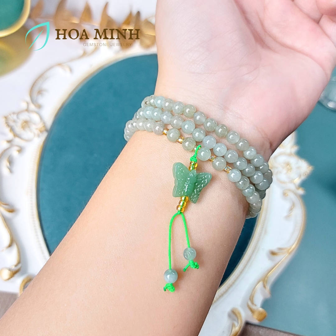 Vòng tay chuỗi 108 hạt Ngọc Cẩm Thạch Lam Dầu A size 5.3 li phối charm đá thạch anh aventurine mỹ miều tuyệt đẹp