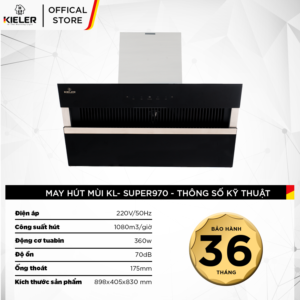 Máy hút mùi KIELER KL-SUPER970 công suất hút cao, không gây tiếng ồn, kiểu vát kính sang trọng, điều khiển bằng cử chỉ - Hàng Chính Hãng