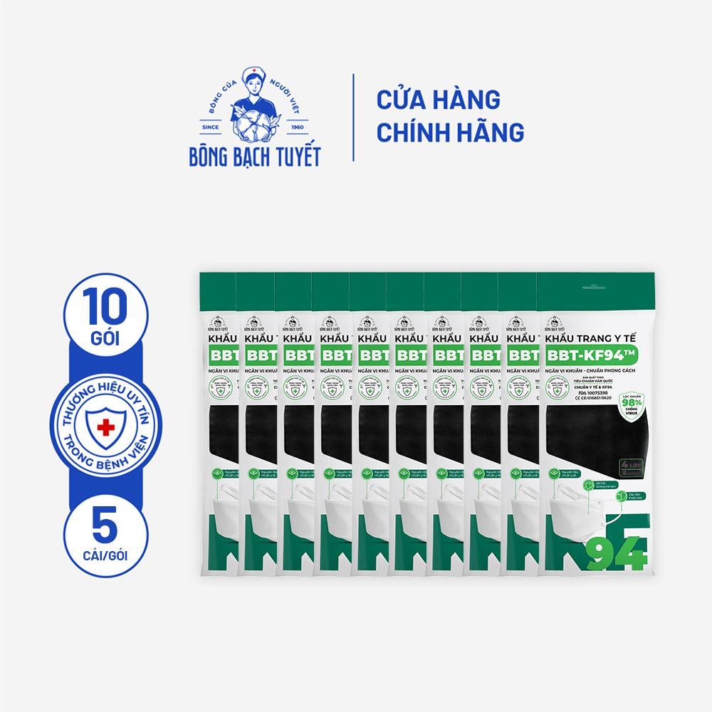 Combo 10 Gói Khẩu trang Bông Bạch Tuyết KF94 Đen (5 cái/gói)