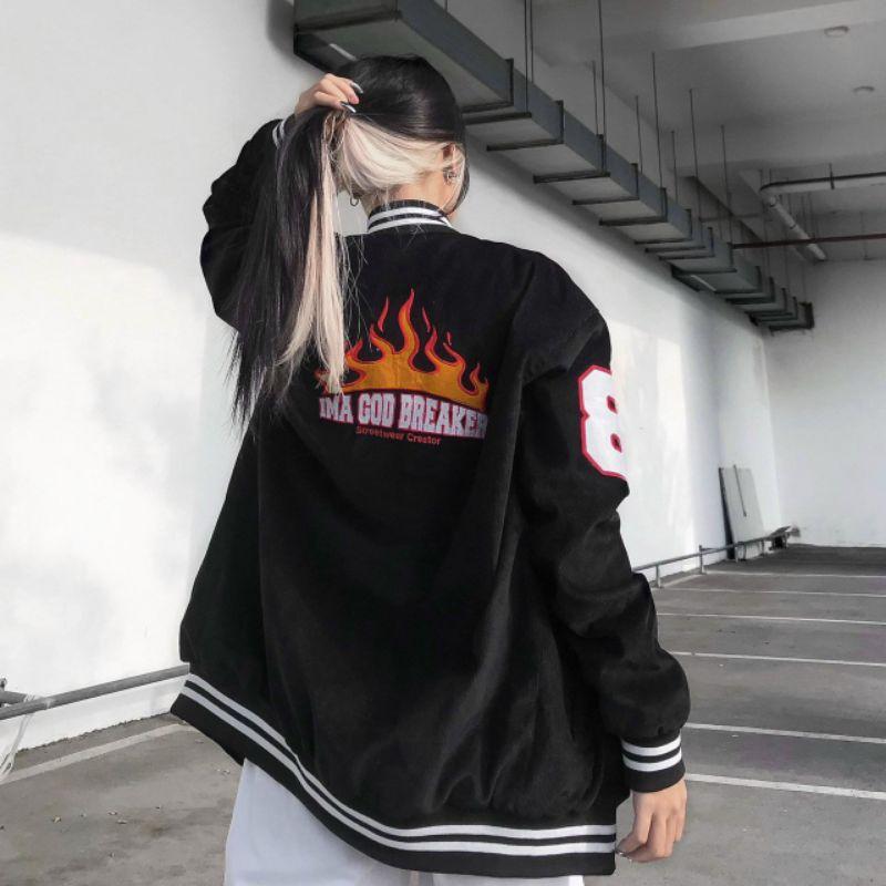 Áo khoác dù Bóng chày Unisex Áo Khoác Gió Màu Đen kiểu Bomber jacket Lửa Số 8 Chống Nắng Chống Lạnh Siêu tốt, Áo khoác bomber bóng chày cúc bấm cực đẹp, phong cách thể thao, chống nắng tốt