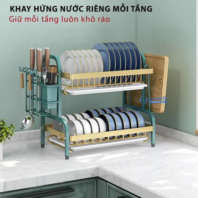 [Size lớn] Kệ úp bát đĩa 2 tầng bằng thép không gỉ sơn tĩnh điện kết hợp giá dắt dao thớt