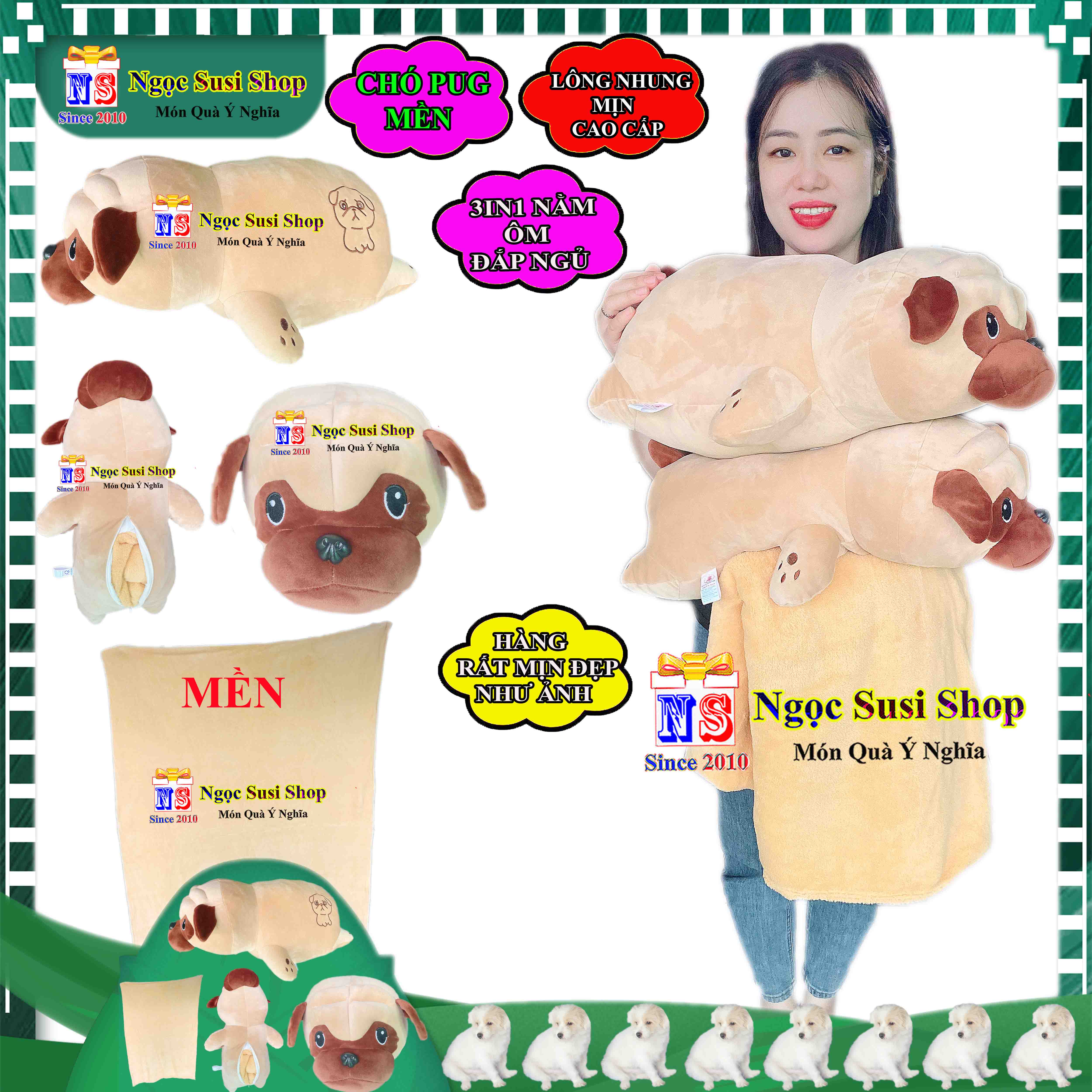 THÚ BÔNG MỀN 3IN1 CON CHÓ PUG NẰM ÔM ĐẮP MỀN NGỦ RẤT ĐẸP - GẤU BÔNG CHÓ PUG MỀN 3IN1
