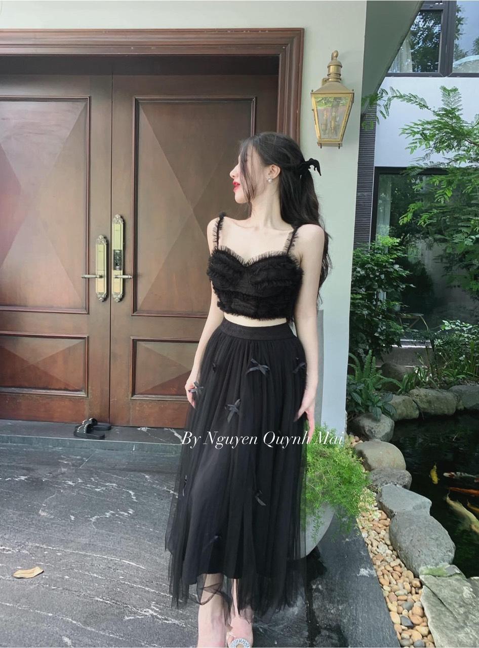 SET ĐI TIỆC, SET 2 MÓN ÁO CROPTOP 2S REN PHỐI CHÂN VÁY DÀI 2 LỚP CỰC SANG