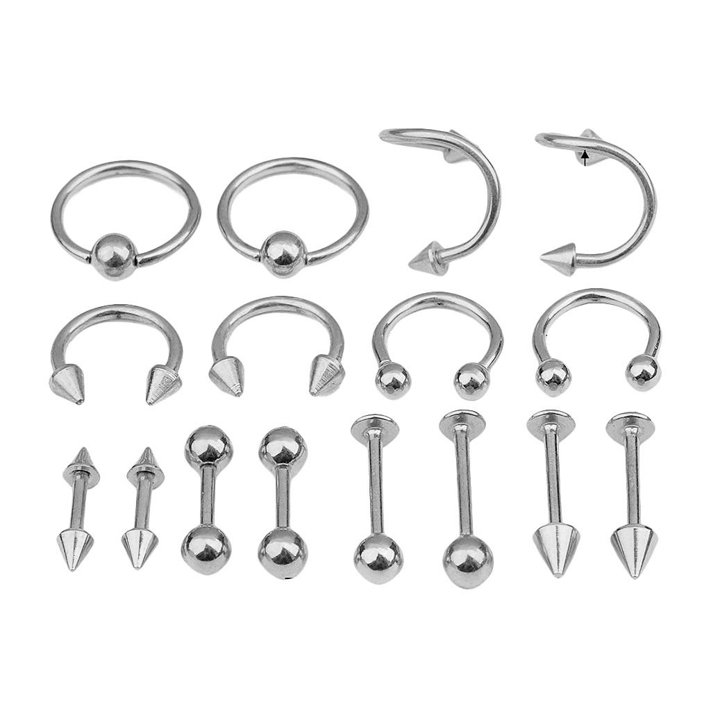 16/Pack Stainless Steel Ear Studs Labret Lip Rings Nose Tongue