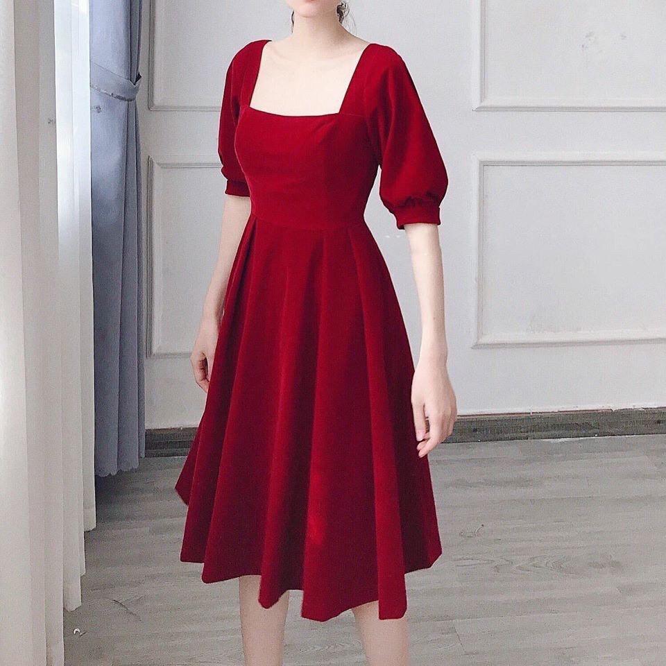 Váy Đầm Xòe Cổ Vuông Tay Phồng Ôm Eo Chất Liệu Vải Umi Thời Trang Nữ Mẫu Free Size Dưới 56kg