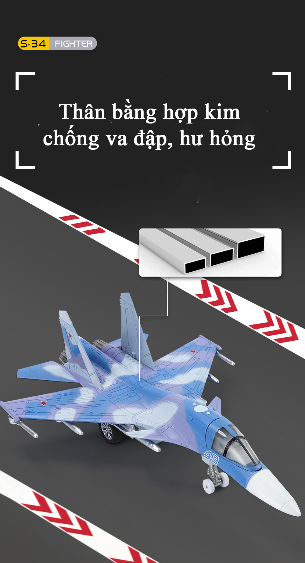 Mô hình máy bay tiêm kích ném bom Su-34 bằng hợp kim có nhạc và đèn chạy cót kèm chân đế