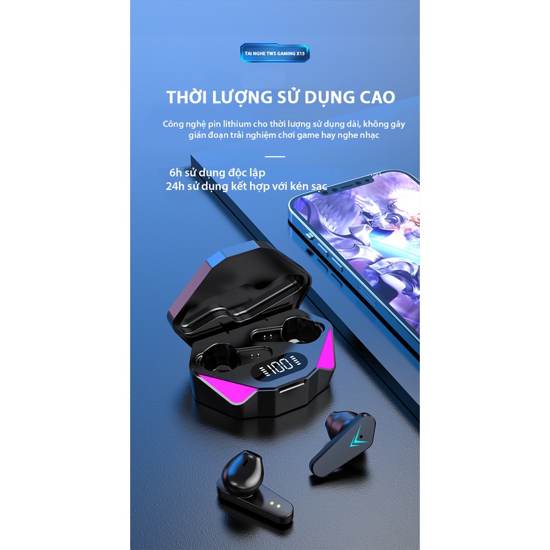 Tai nghe không dây gaming X15 TWS - Chống Thấm Nước IPX5 - Bluetooth 5.0 - Cảm biến chạm - Độ trễ thấp - Hàng chính hãng