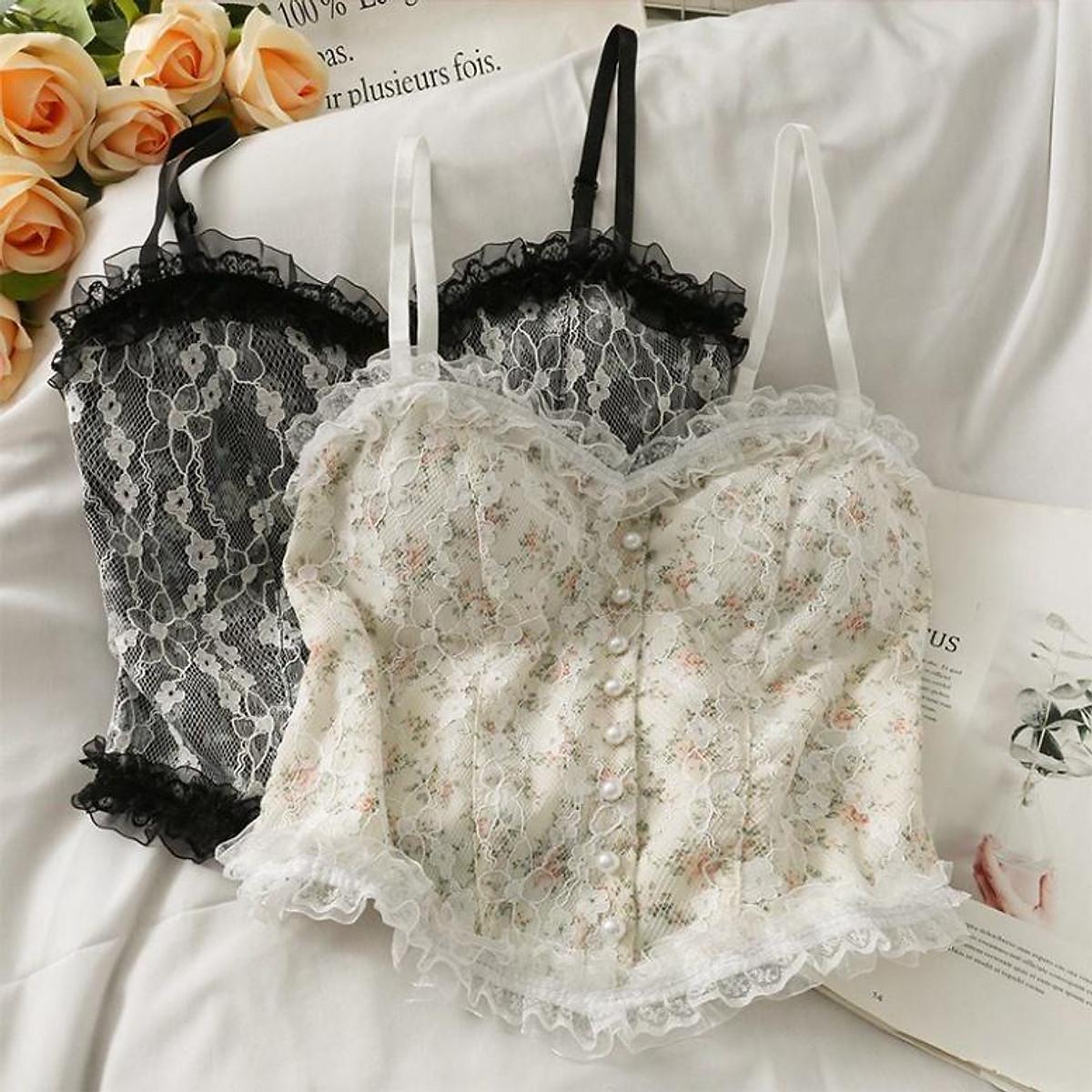 Áo 2 Dây Nữ Ren Hoa Tiểu Thư Đính Hạt Viền Bèo, Chun Sau Dáng Croptop Siêu Sang Chảnh Có Mút Ngực aloha