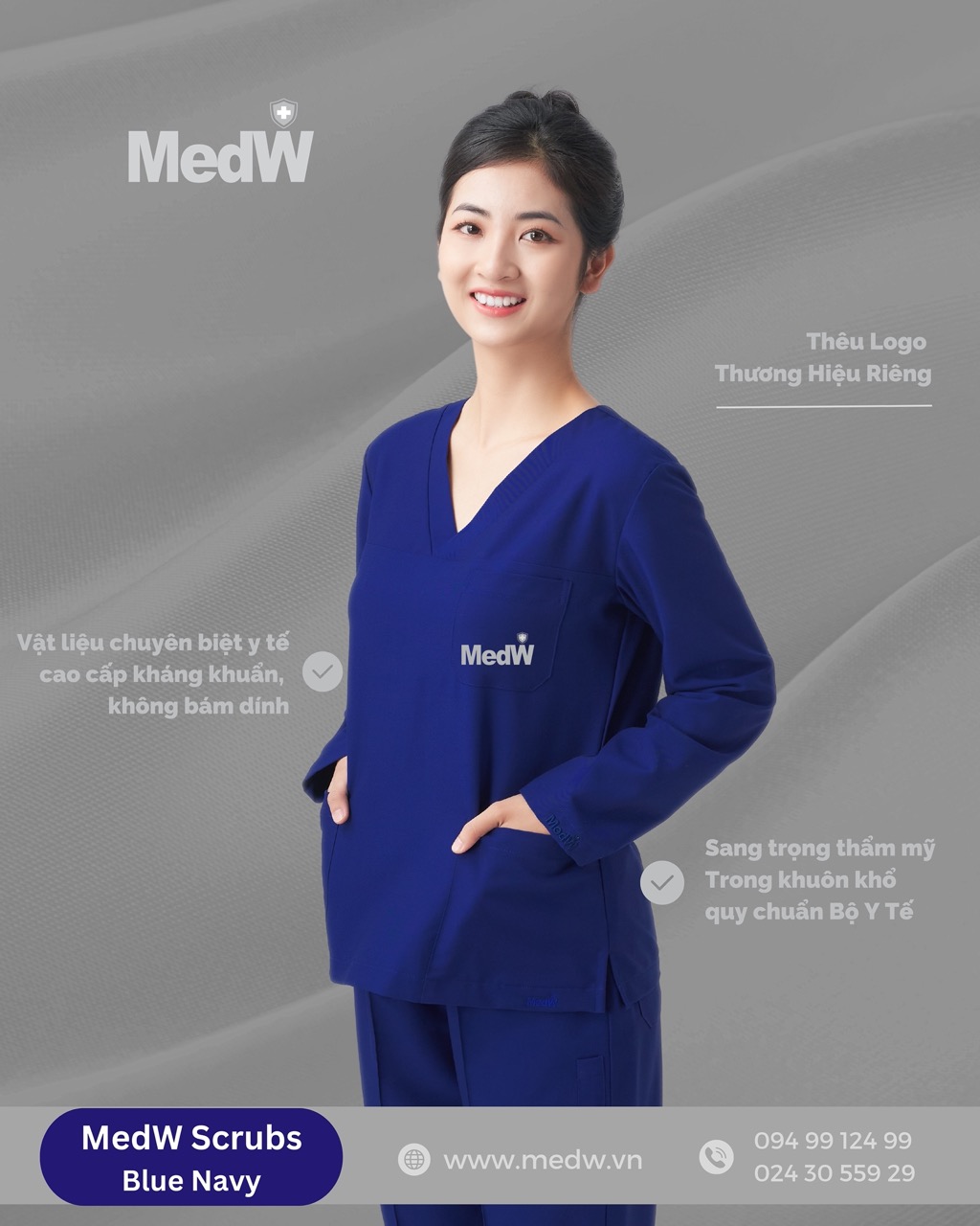 MedW Athena Scrubs Y Tế Blue Navy (Dài Tay Nữ) Xanh Navy Bộ Trang Phục Bác Sĩ, Điều Dưỡng, Đồng Phục Y Tế Thẩm Mỹ, Nha Khoa, Da Liễu Vật Liệu Cotton Nhật Không Bám Dính, Xếp Ly Không Nhăn, Dáng Suông Vận Động Tự Do. MedW Thêu Tên Logo Thương Hiệu Riêng