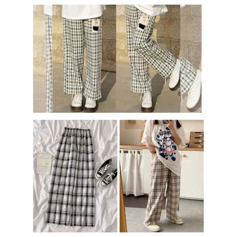 Quần Kẻ Nữ Cạp Chun Caro Lưng Cao Dáng Rộng Ống Suông ulzzang full màu hot Bống Store