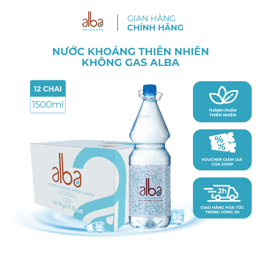 Thùng 12 chai nước khoáng thiên nhiên không ga Alba bổ sung giàu Magie Canxi tăng cường đề kháng 1500ml