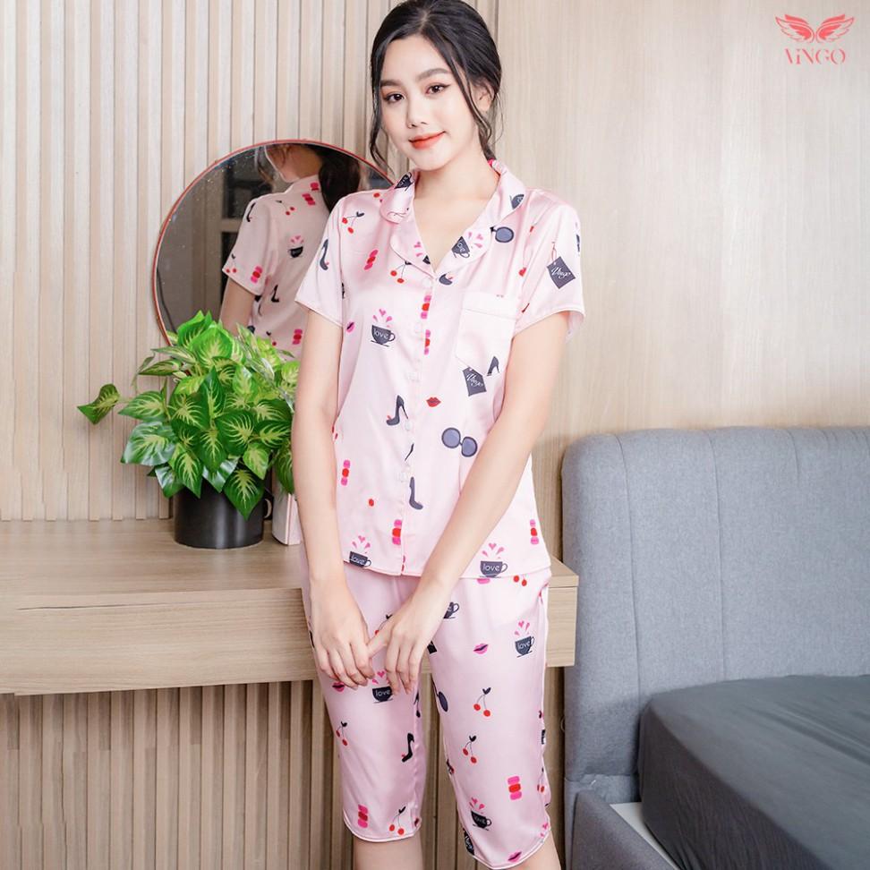 VINGO Bộ Đồ Mặc Nhà Nữ Kiểu Pijama Lụa Pháp Cao Cấp Tay Cộc Quần Lửng Họa Tiết Guốc Kính Hồng H194 VNGO