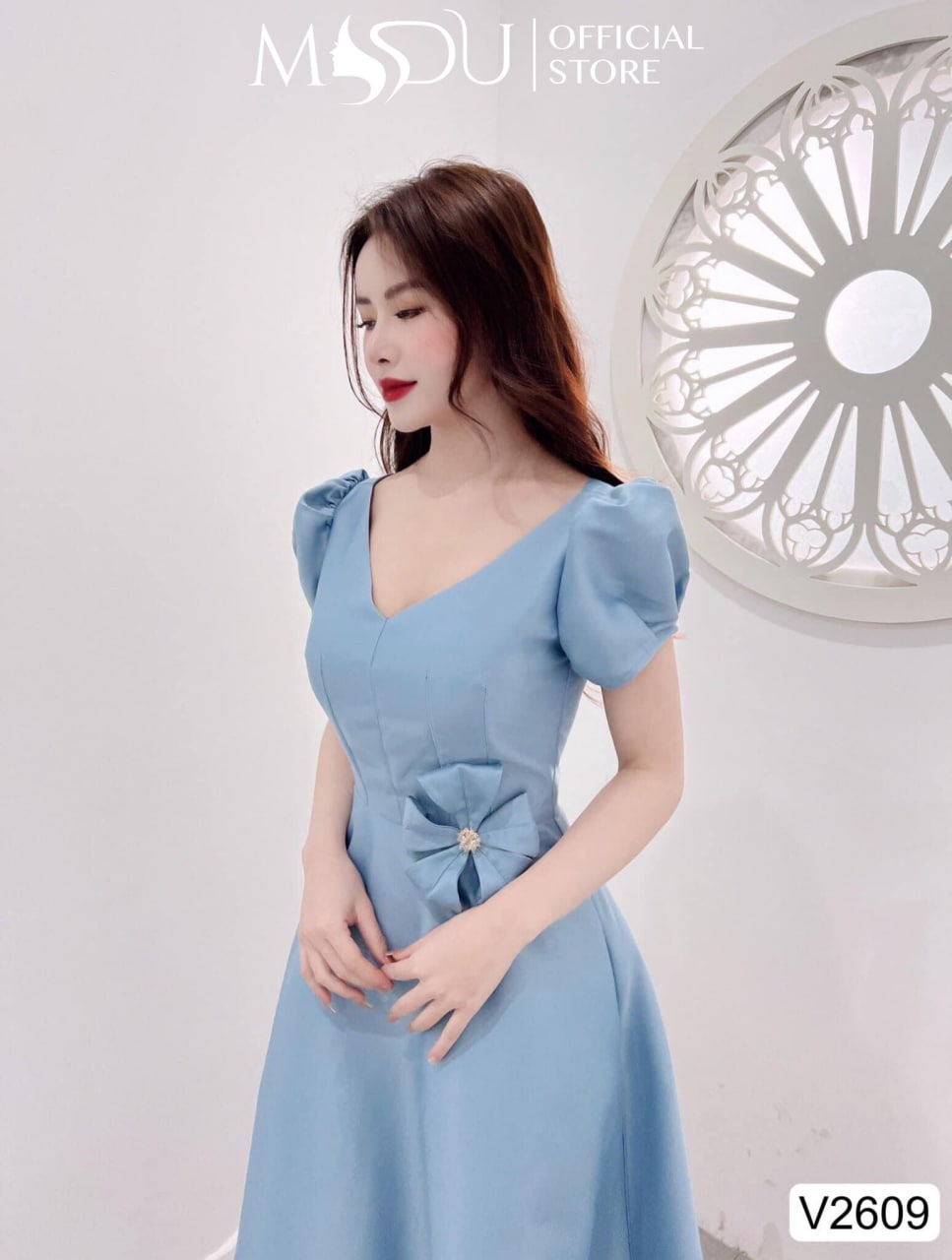 Váy đầm chất chất tafta xanh ngọc cổ V dáng xòe  V2609 - Glady design [kèm ảnh thật