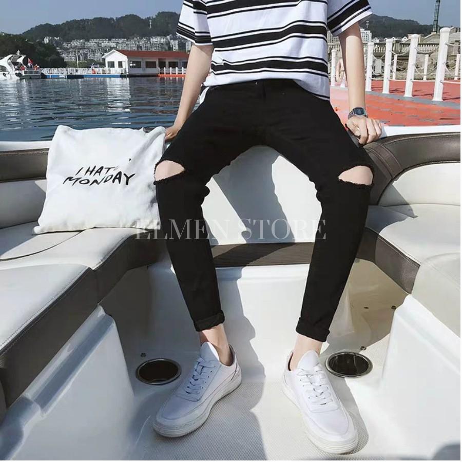 Quần jeans đen rách gối