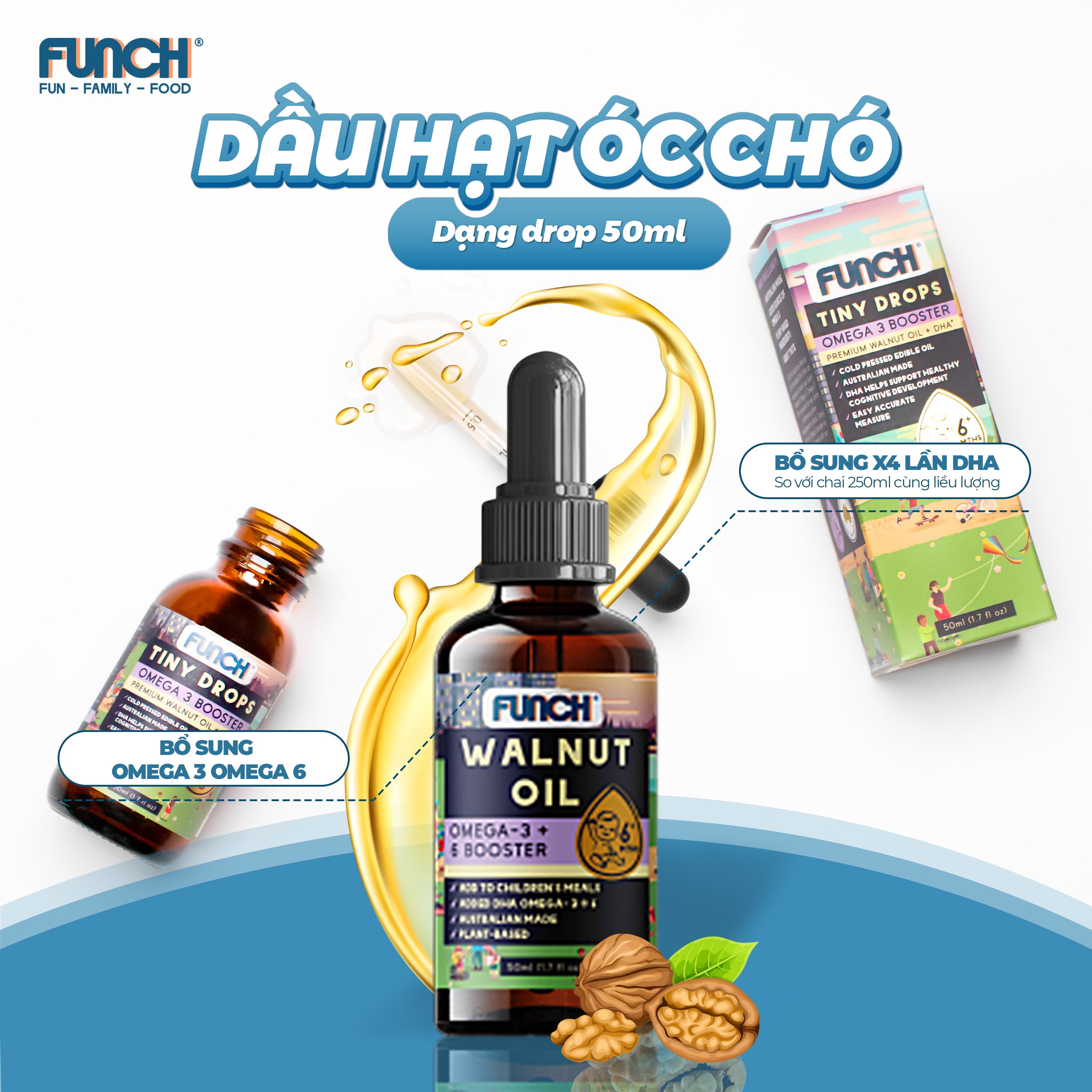 Dầu óc chó bổ sung DHA Omega 3 cho bé ăn dặm từ 6 tháng FUNCH DHA Drops 50ml