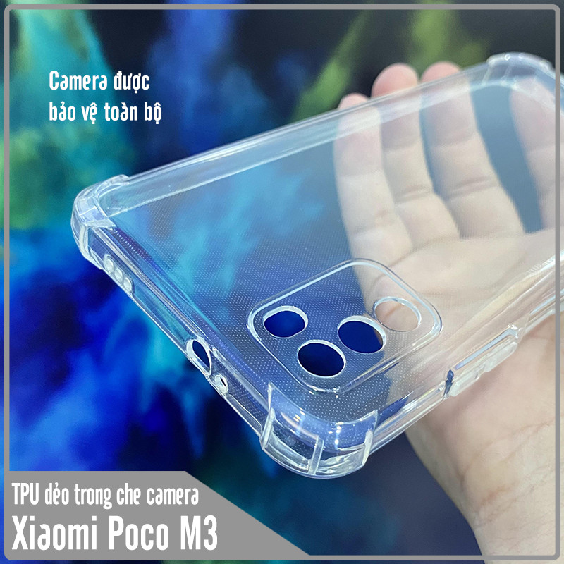 Ốp lưng 4 góc chống sốc cho Xiaomi Poco M3 TPU Trong Suốt Che Camera