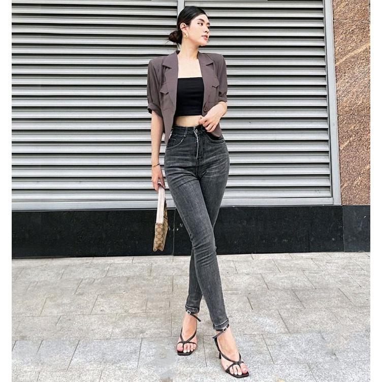 Quần Jeans Nữ Baggy Khói Xước Thêu Túi Cạp Cao