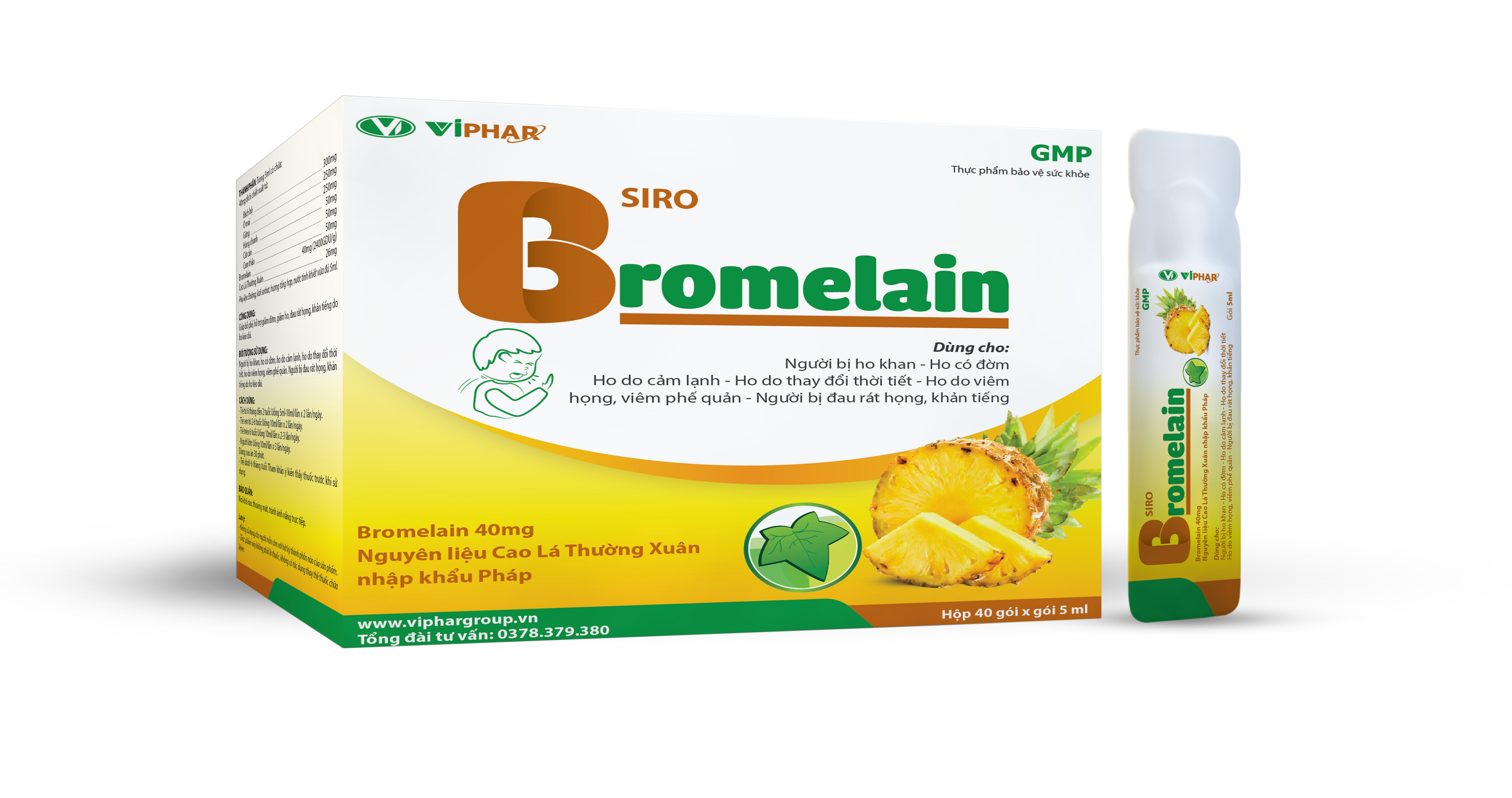 SIRO HO BROMELAIN - HO QUẢ DỨA HỘP 60 GÓI HỔ TRỢ CẢI THIỆN TRIỆU CHỨNG CỦA HO, ĐAU RÁT HỌNG, KHẢN TIẾNG