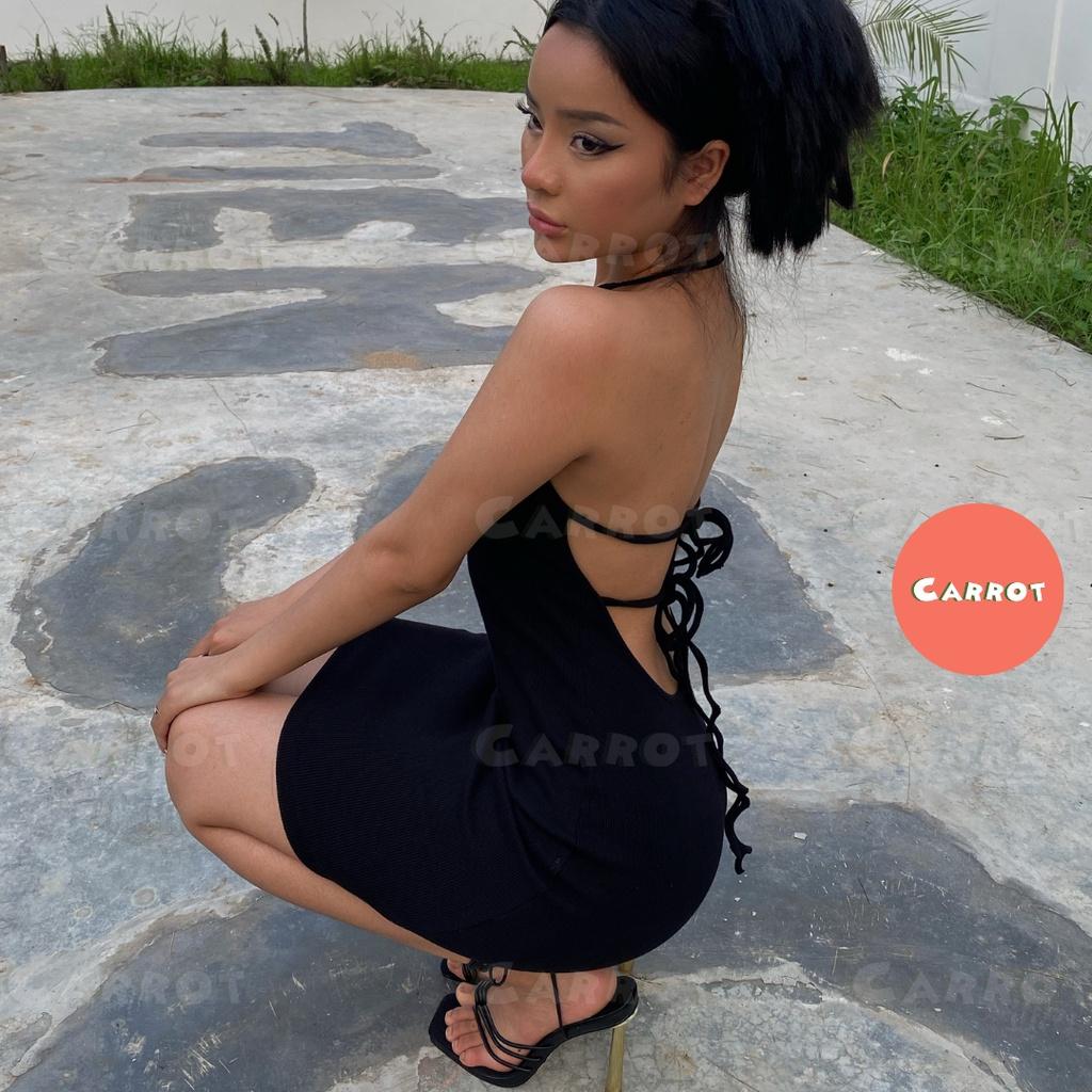 Đầm body sexy hở lưng hở eo váy thiết kế ôm cổ yếm hở vai cột dây quyến rũ sang chảnh màu đen thun gân carrotxinhdep- 56