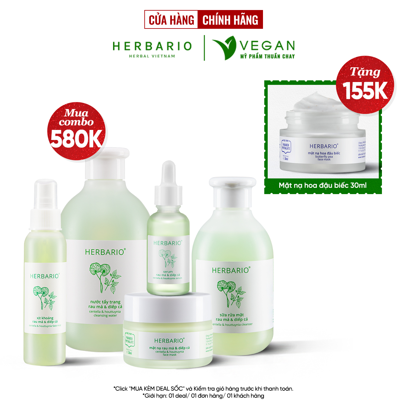 Bộ 5 Chăm Sóc Da Rau má và Diếp cá Herbario: Nước tẩy trang 300ml + Sữa rửa măt 200ml + Xịt khoáng 100ml +Mặt nạ 30ml+Tinh chất 30ml