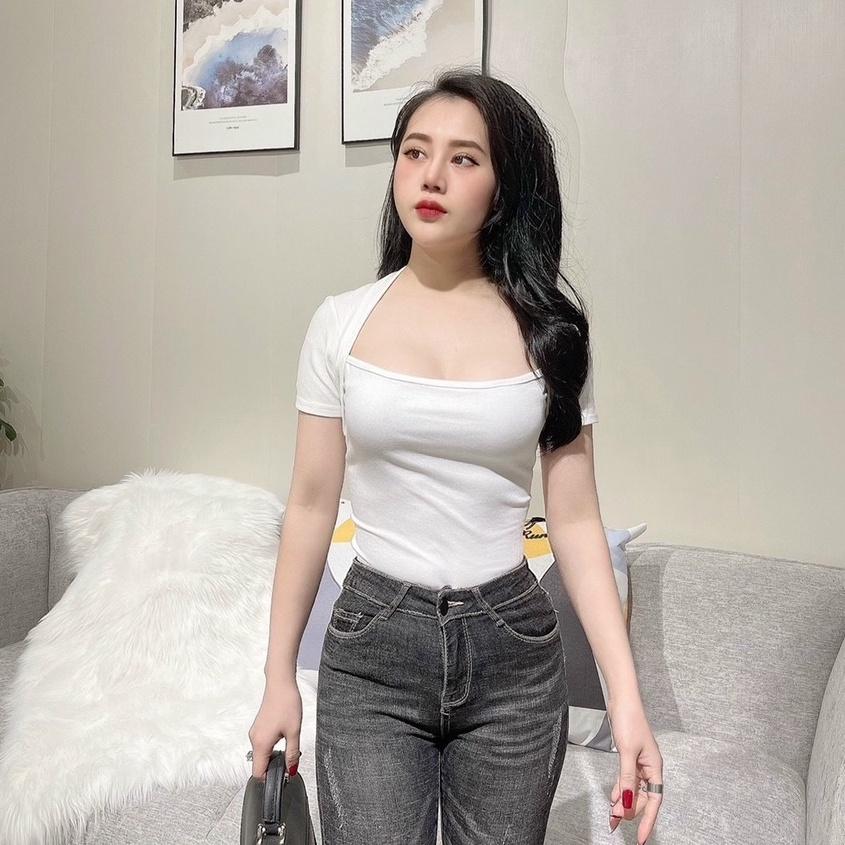 Áo thun nữ ôm body kiểu cổ vuông tay ngắn chất cotton mềm mại phong cách