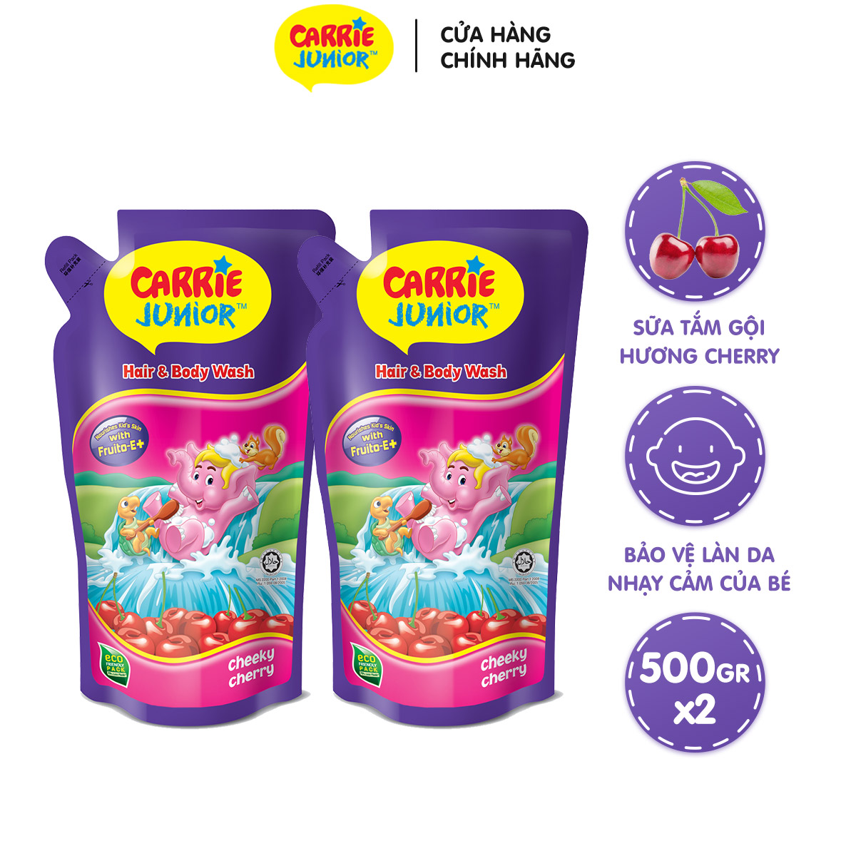 Combo 2 Túi Sữa Tắm Gội Carrie Junior Cho Bé Hương Cheeky Cherry 500g