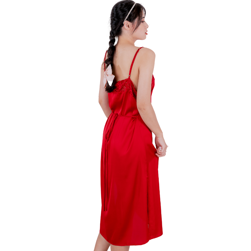 Đầm ngủ, Váy ngủ lụa Pháp cao cấp VILADY - V149, phối ren ngực lưng, xẻ đùi 2 bên