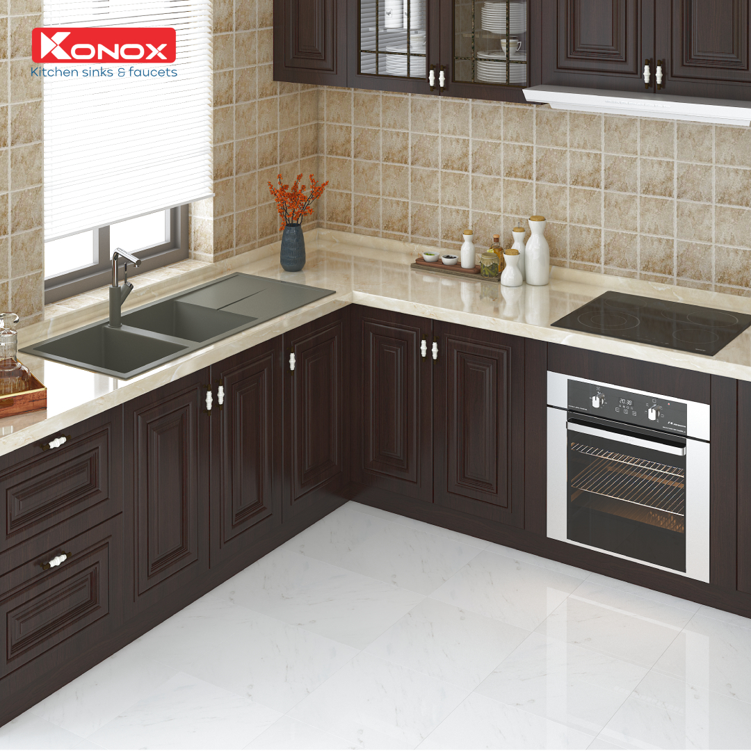 Chậu rửa bát Konox, Granite Series, Model Livello 1160, Full set gồm Siphon+Giá úp bat Made in Italy, 1160*500*200(mm), Hàng chính hãng