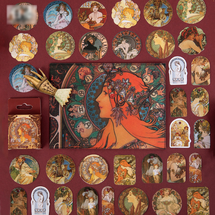 Sticker chủ đề Tranh Sơn Dầu Alphonse Mucha - Hộp 46 miếng dán trang trí sổ tay Bullet Journal - M084