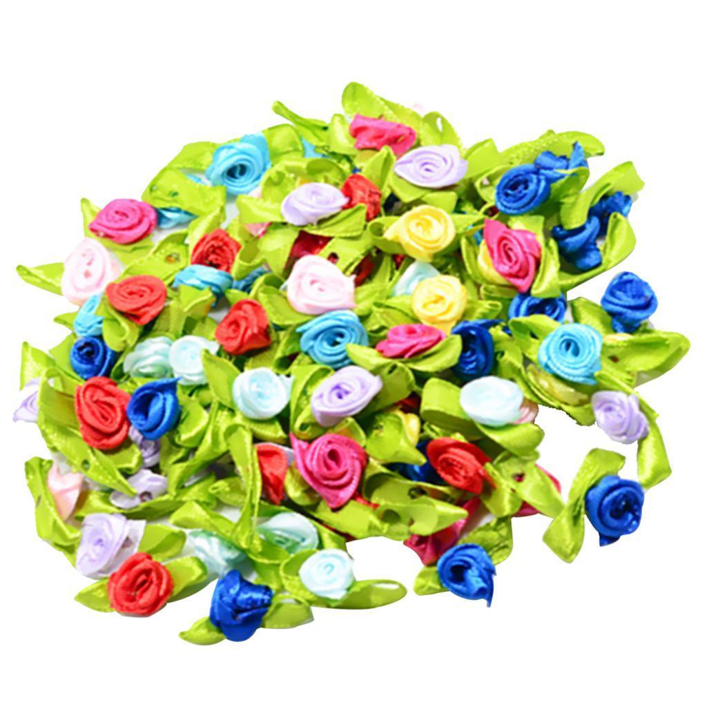 4-6pack 100 Pieces Mini Satin Ribbon Flowers Rose Leaf Decoration Craft DIY
