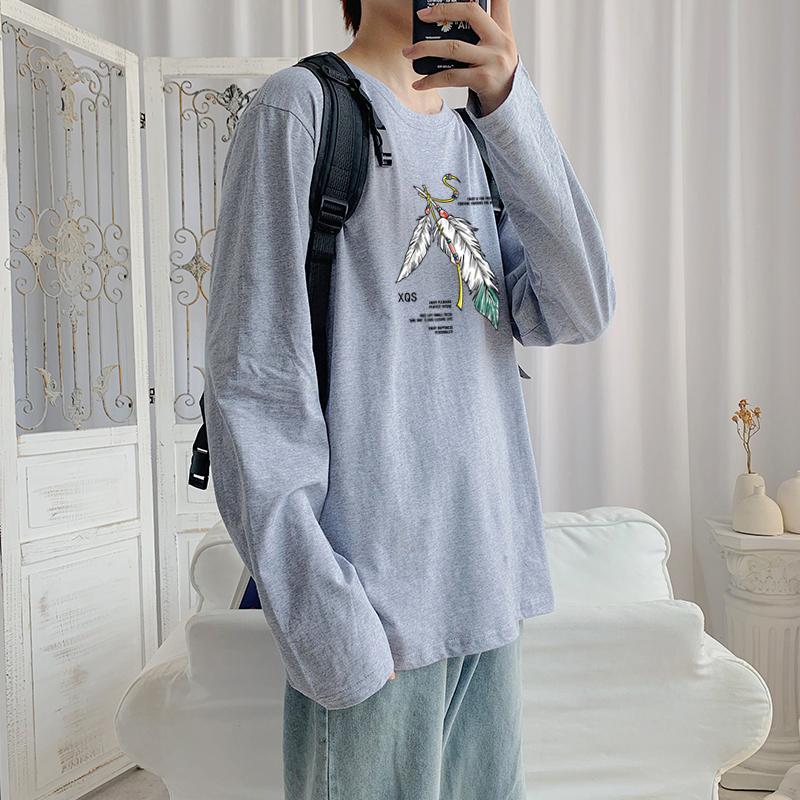 Áo thun cotton tay dài in hình lông vũ 4 màu phong cách năng động  cho nam