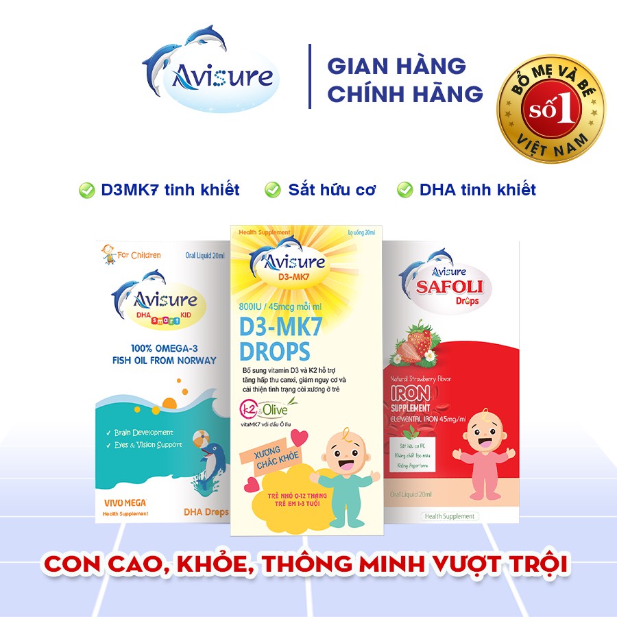 Bộ ba Avisure D3MK7, Avisure DHA smart Kid, Avisure Safoli Drop bổ sung D3, DHA, Sắt tinh khiết tự nhiên cho bé cao lớn, khoẻ mạnh, thông minh vượt trội