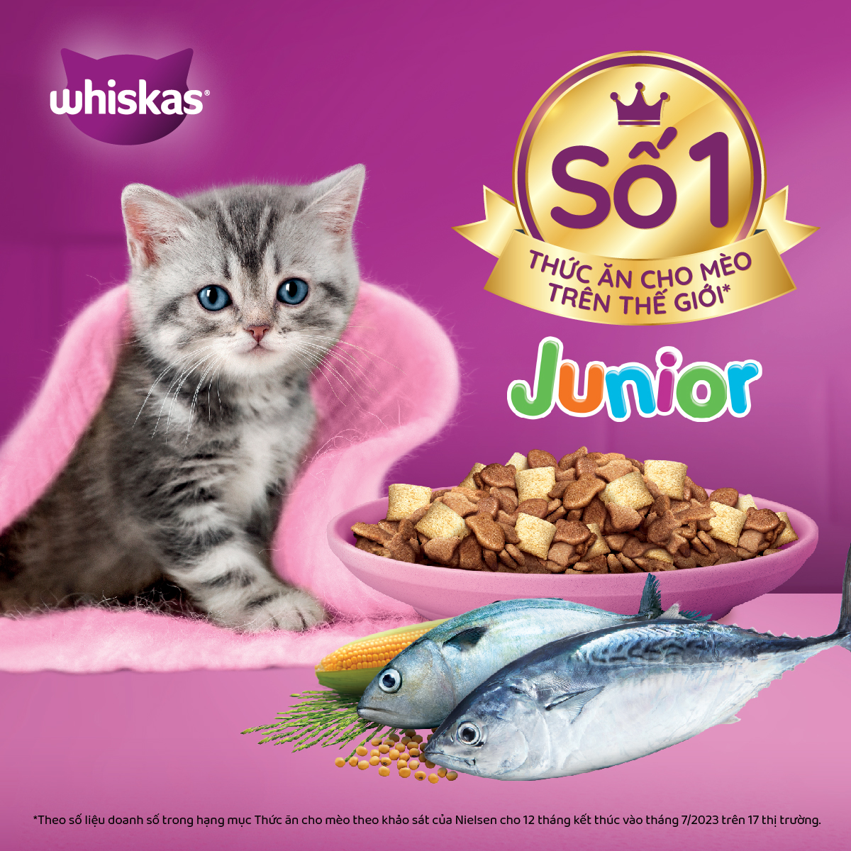 WHISKAS Thức ăn dạng hạt cho mèo con từ 2-12 tháng tuổi, 2.7kg - Vị cá ngừ &amp; cá hồi