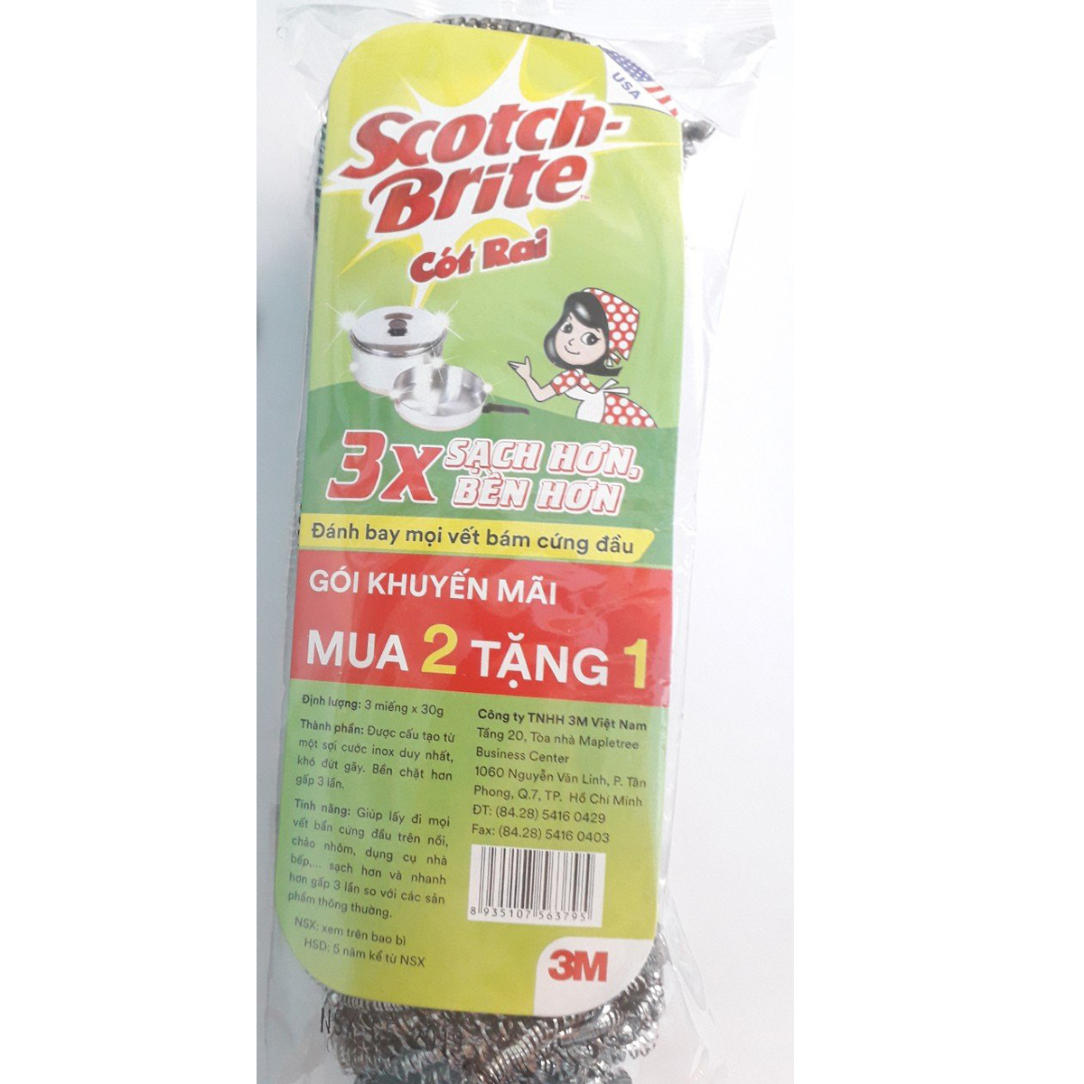 Gói 3 Miếng Cước cọ rửa inox 30gram Scotch Brite 3M