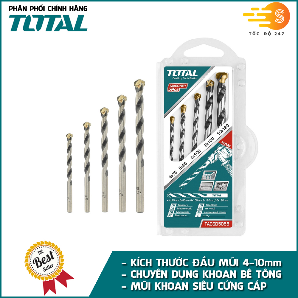 Bộ mũi khoan bê tông đuôi trơn 5 chi tiết đầu 4-10mm TOTAL TACSD5055 - Độ cứng siêu cao, chịu lực tốt, đa dụng