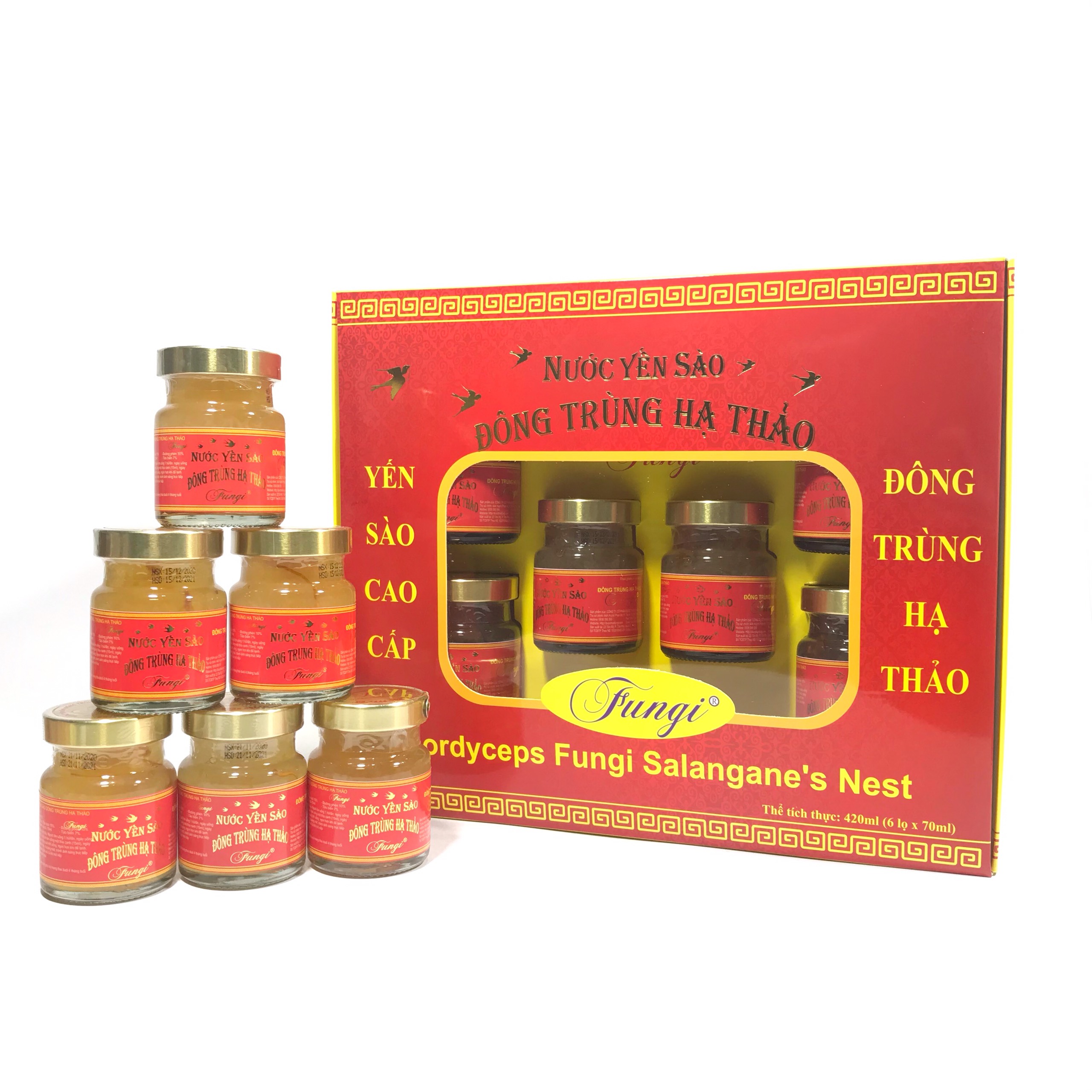 Yến Sào Đông Trùng Hạ Thảo Fungi Hộp 6 hũ 70ml (15% yến 15% Đông Trùng)