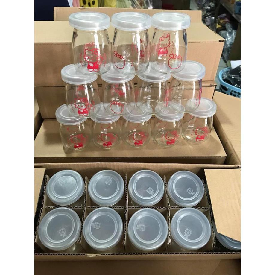 Bộ 12 hũ thủy tinh làm sữa chua 100ml , có nắp đậy, in hình Hello Kitty