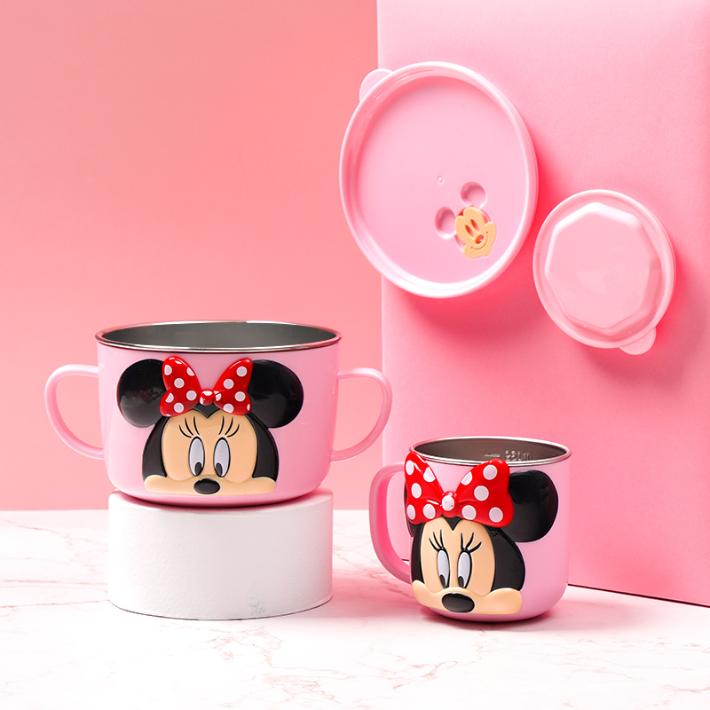 Set ăn uống 4 món tô, ly, muỗng, nĩa inox giữ nhiệt hình chuột Minnie 3D màu hồng cho bé gái - 397VNDM2346