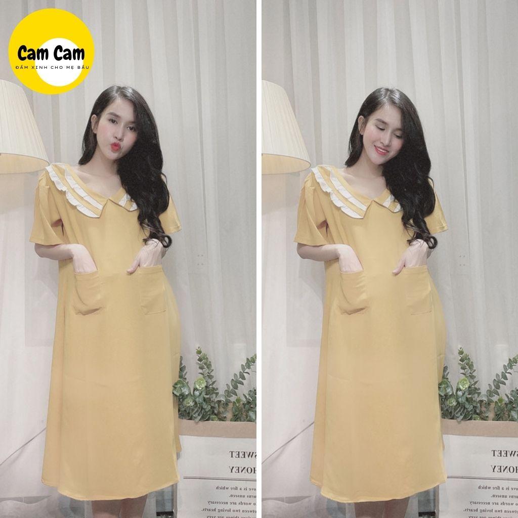 Đầm bầu xinh - Váy bầu công sở lụa hàn vàng, 2 túi trước, dễ thương, thoáng mát, mã ĐB1004